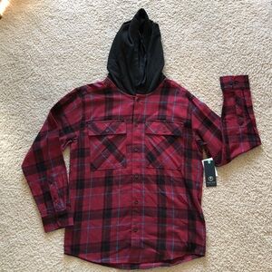 NWT! Trinity Coast Red and Black Plaid Hooded Shirt Cabincore Cottagecore Cozy